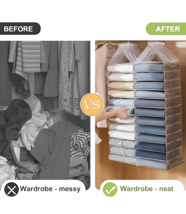 Organizador colgante de closet de 12 niveles: antes desordenado, después ordenado.