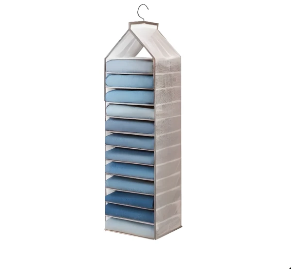 Organizador colgante de closet 12 niveles con múltiples compartimentos para ropa y accesorios, tonos azules.