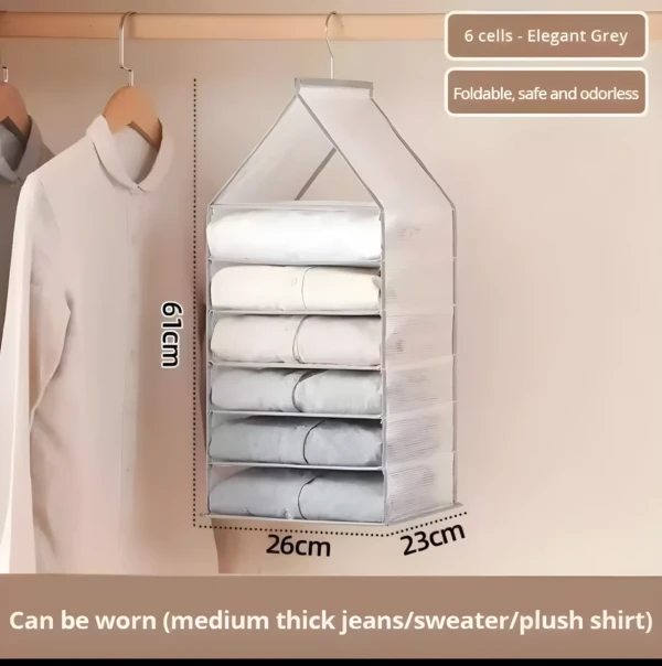 Organizador colgante de closet de 6 niveles en gris elegante, ideal para ropa doblada.