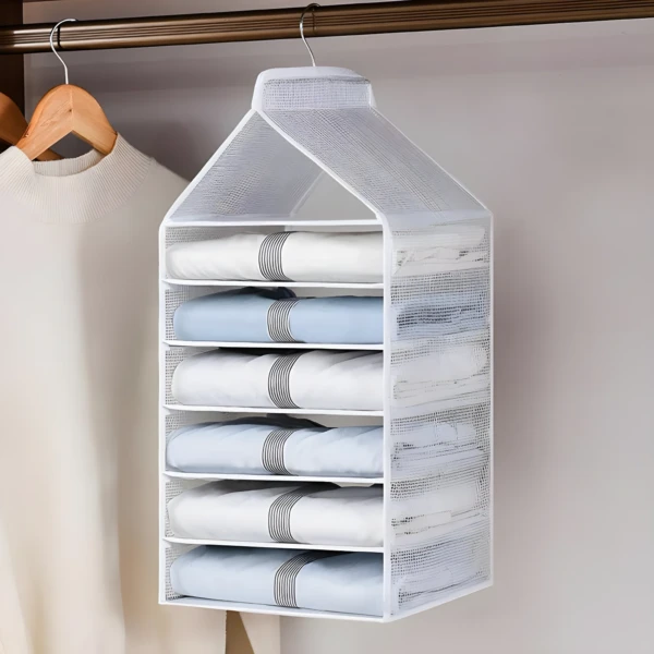 Organizador colgante de closet de 6 niveles con ropa doblada y detallada.