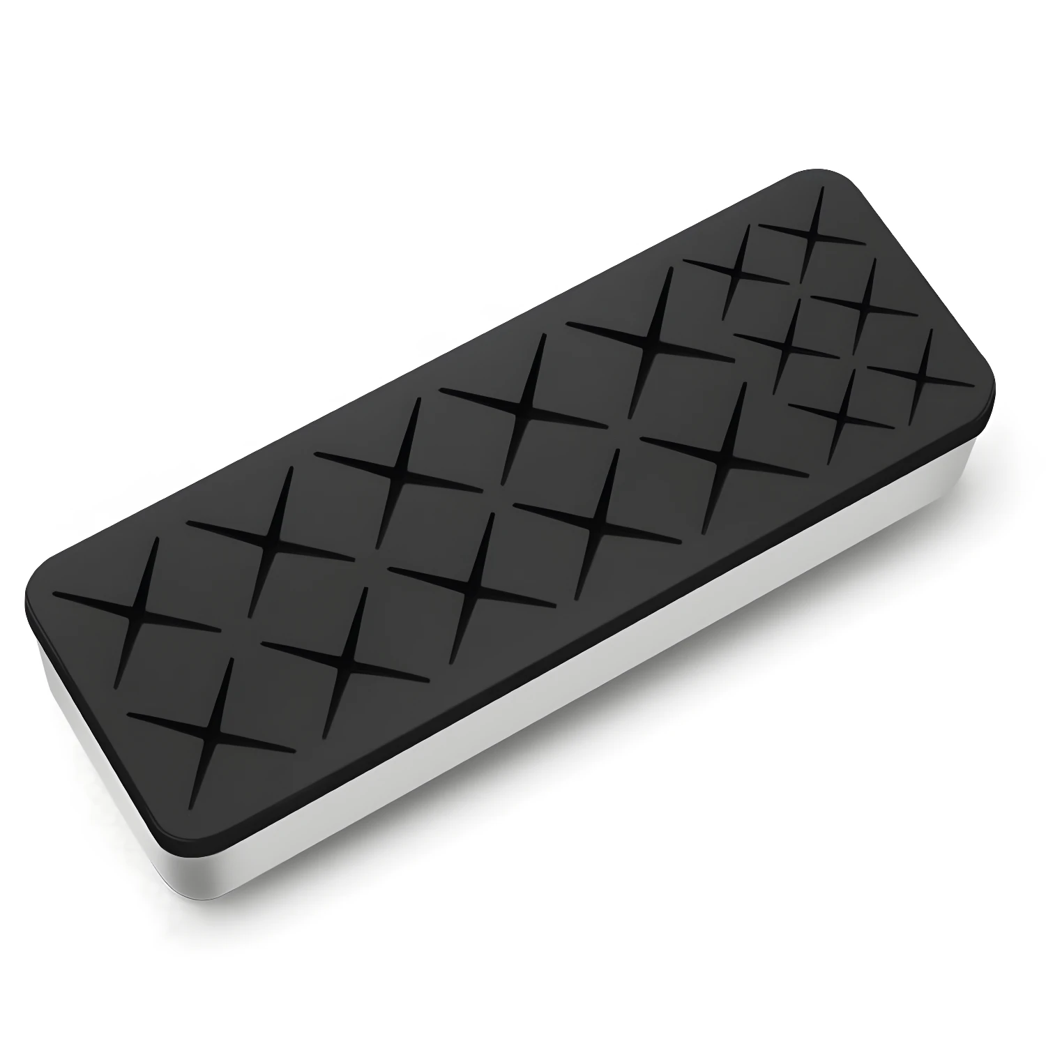 Organizador de maquillaje con 16 compartimentos en forma de cruz, base plateada y tapa negra.