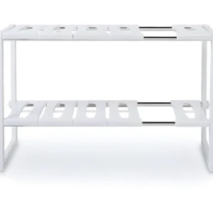 Estante organizador blanco de cocina para debajo del lavaplatos, 2 niveles, extensible.