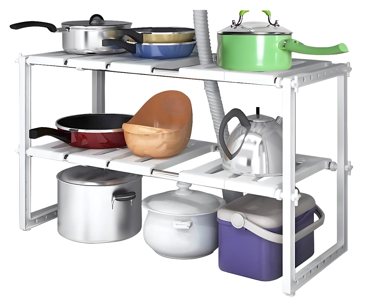 Organizador de cocina bajo lavaplatos blanco con ollas, sartenes, tetera y recipientes.