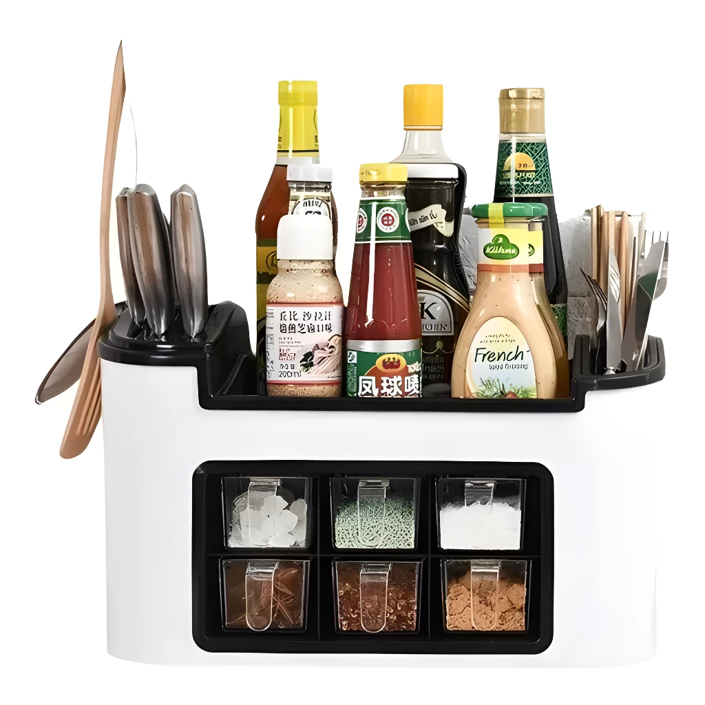 Organizador de cocina para ingredientes y granos: botellas de condimentos, ensaladera y cubiertos.