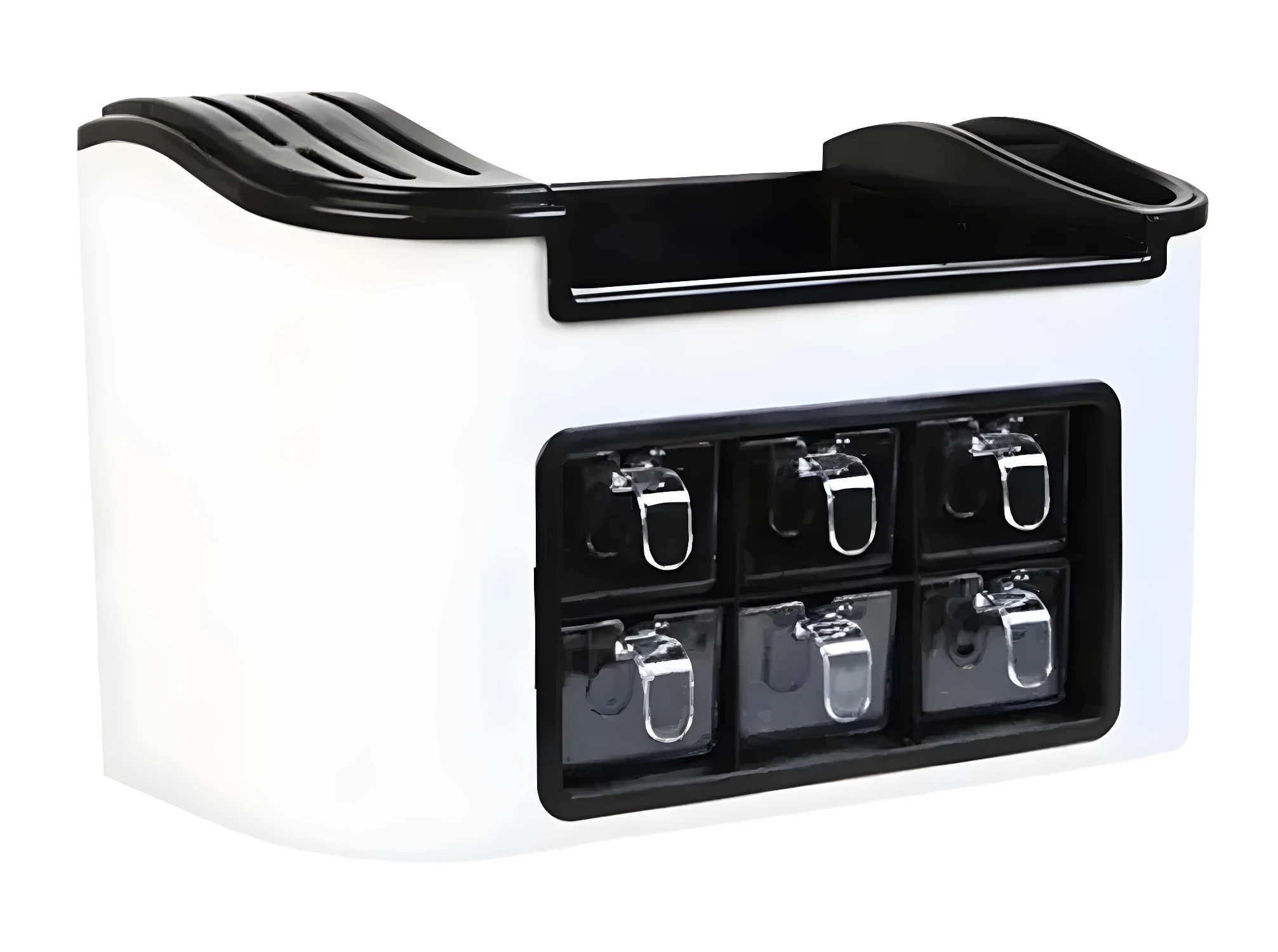 Organizador de cocina blanco con 6 dispensadores transparentes para ingredientes y granos.