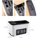 Organizador de cocina blanco con compartimentos para ingredientes, granos y utensilios.