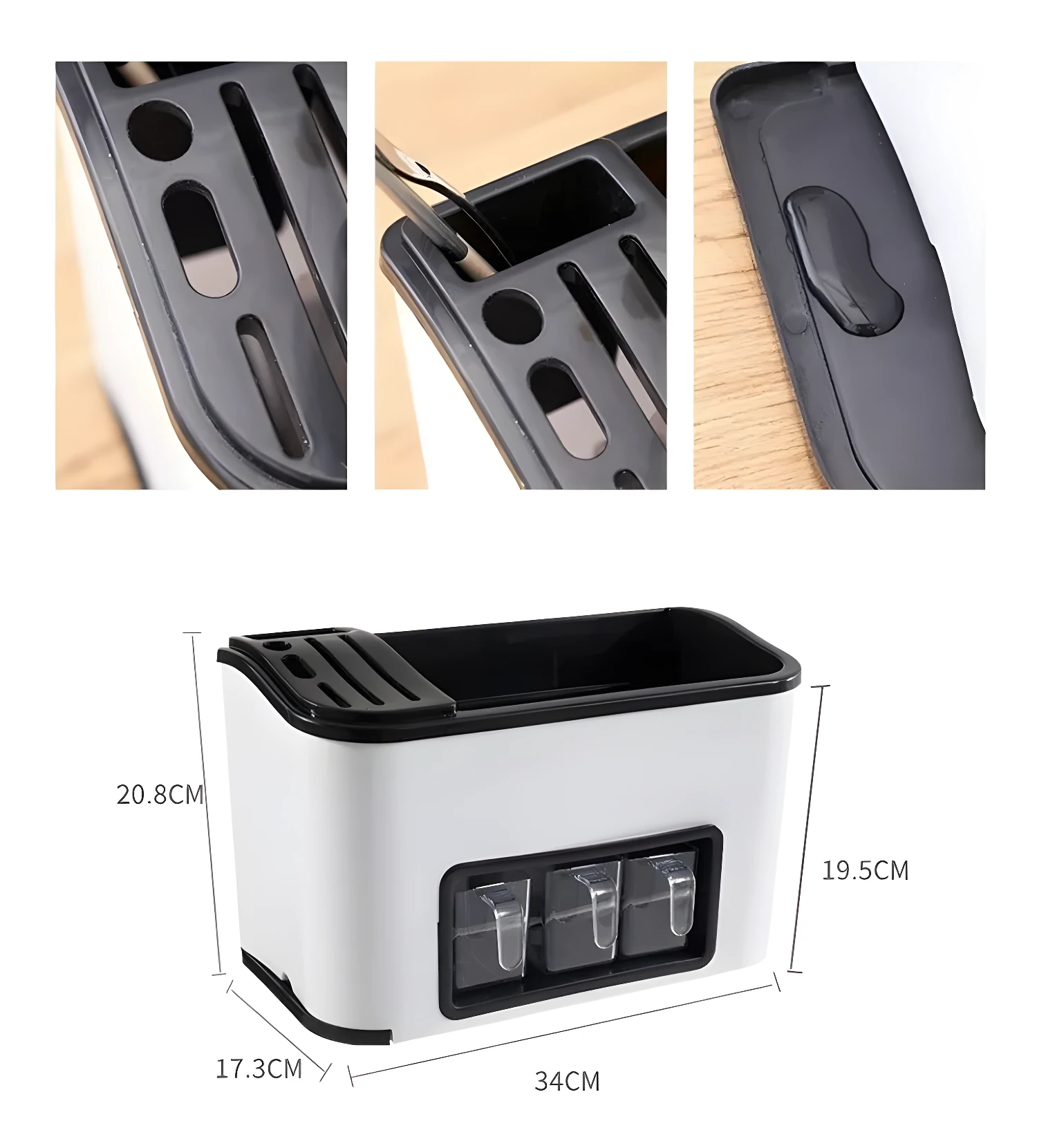 Organizador de cocina blanco con compartimentos para ingredientes, granos y utensilios.