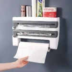 Organizador de cocina multifuncional con dispensador de papel y rollos de plástico/aluminio.