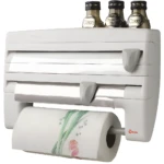 Organizador de cocina blanco con rollo de cocina y papel aluminio, tres condimentos arriba.