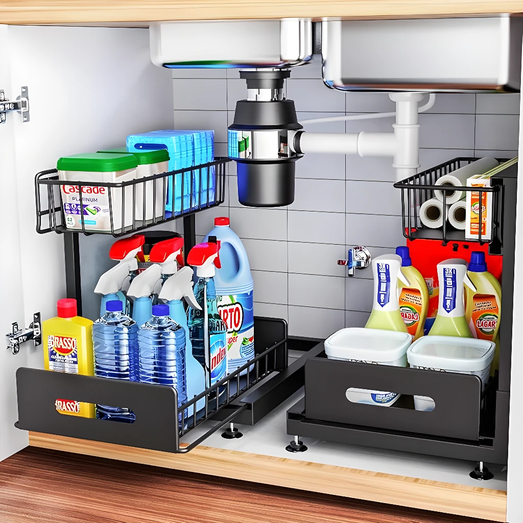 Organizador extraíble para debajo del fregadero con detergentes, botellas y recipientes de limpieza.