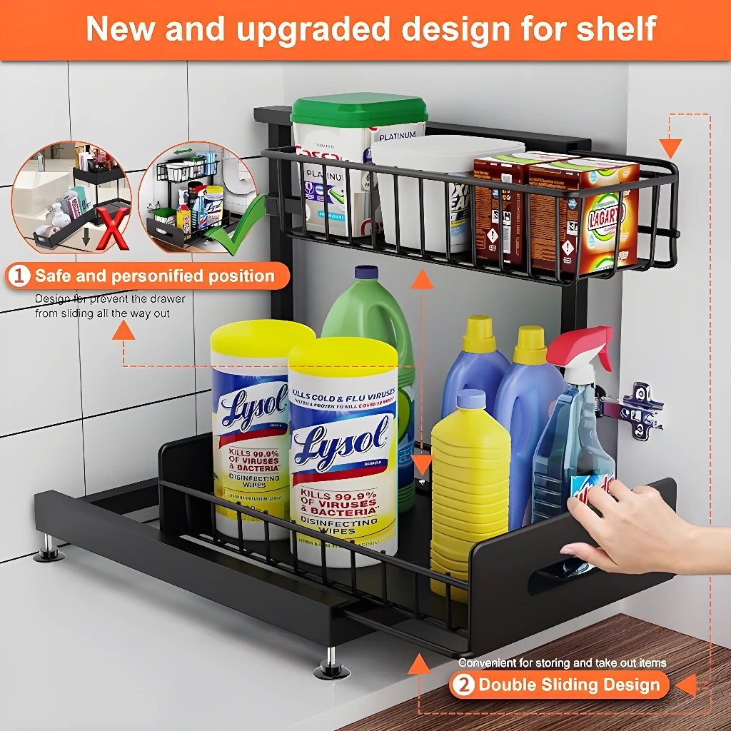Organizador de cocina deslizante con desinfectante Lysol y botellas de limpieza.