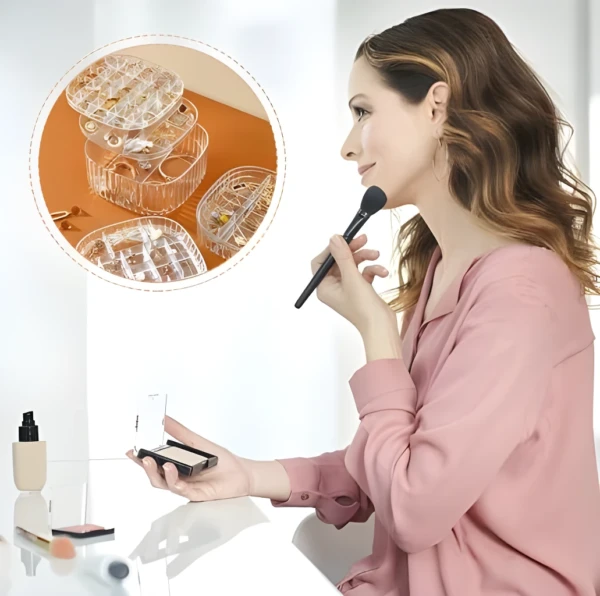 Organizador de joyero giratorio acrílico transparente con compartimentos para anillos, aretes y collares.