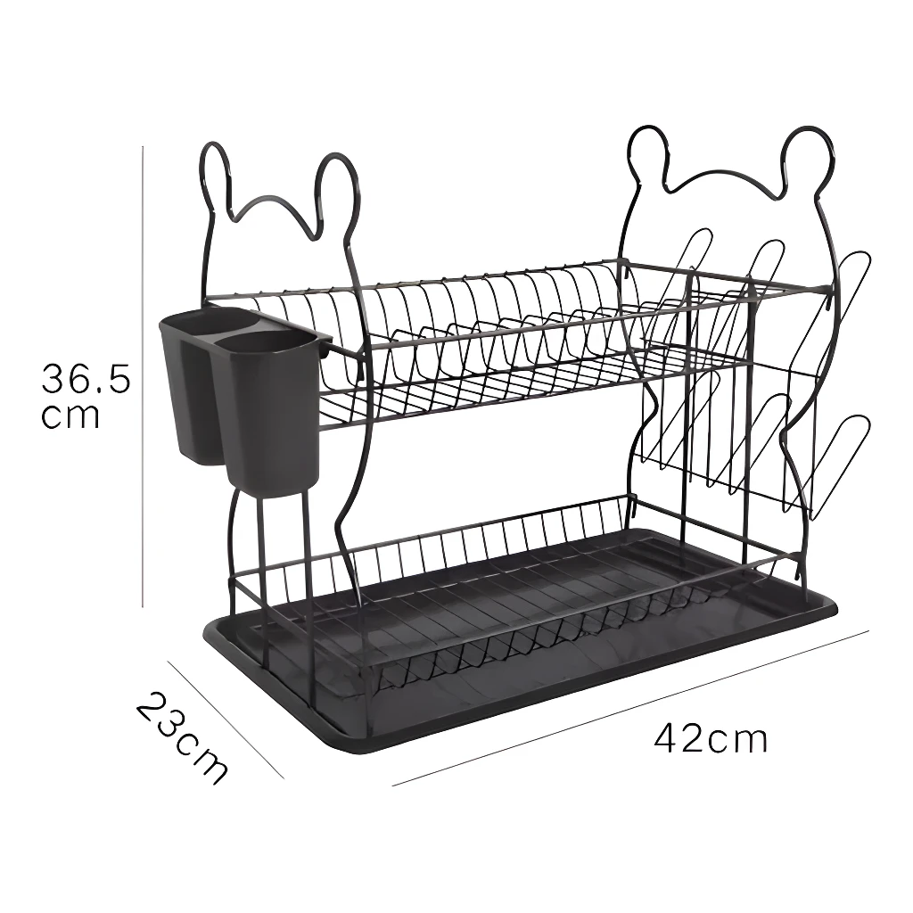 Escurridor de loza y organizador de cocina con dos niveles, color negro.