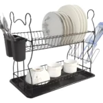 Escurridor de loza de cocina de 2 niveles en negro, con organizador de cubiertos y espacio para platos y vasos.