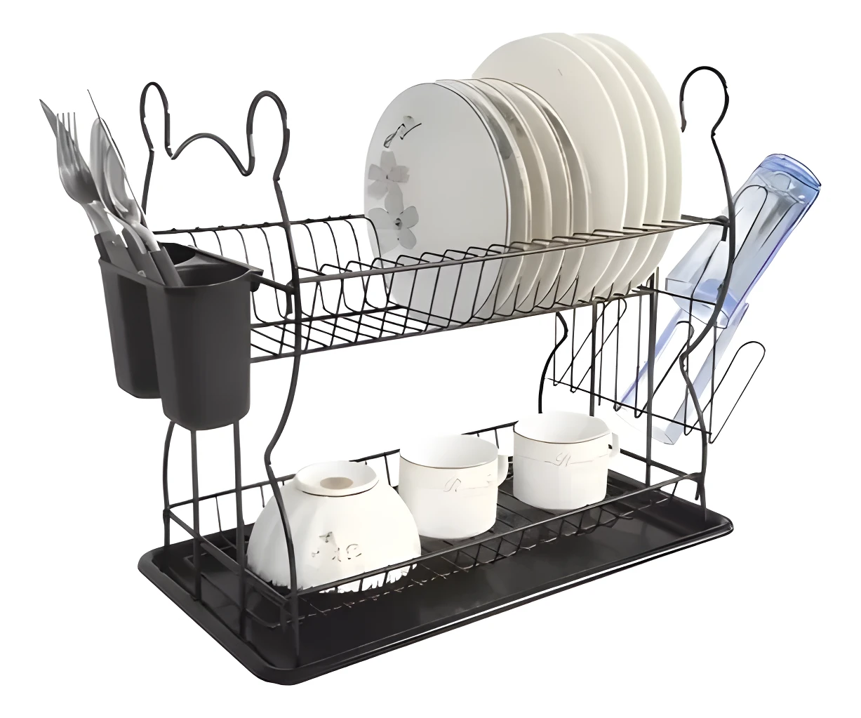 Escurridor de loza de cocina de 2 niveles en negro, con organizador de cubiertos y espacio para platos y vasos.