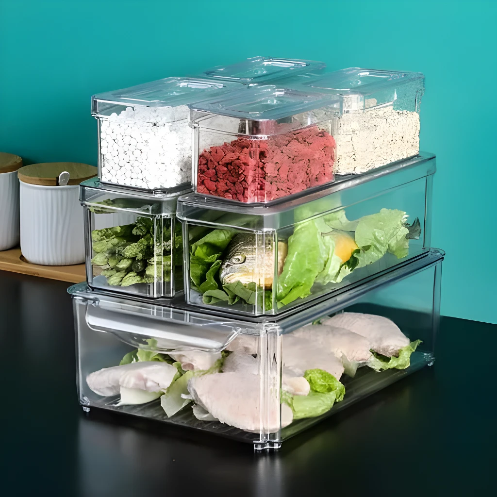 Organizador de nevera y cocina de 7 puestos apilables con alimentos frescos, verduras, pescado y carne cruda.
