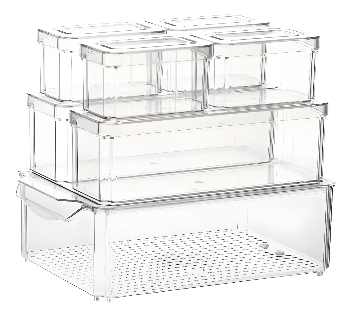 Organizador de nevera y cocina transparente de 7 puestos, apilable y modular para alimentos.