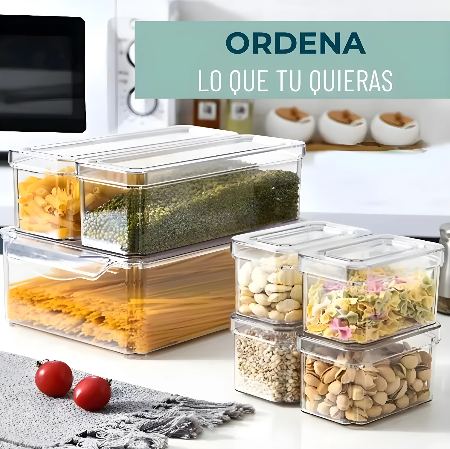 Organizador de nevera y cocina 7 puestos con pasta, frijol mungo, almendras y pistachos.