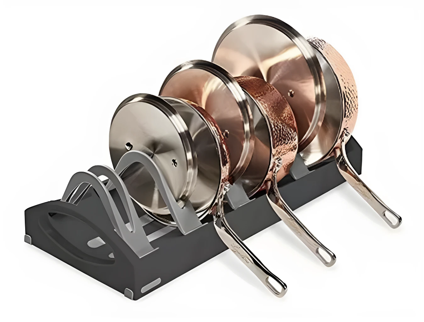 Organizador de ollas ajustable con sartenes de cobre y acero inoxidable, almacenamiento vertical.