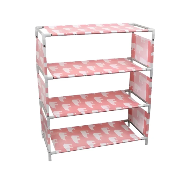 Organizador de zapatos de 4 niveles con estampado de osos blancos sobre fondo rosa, ideal para calzado.