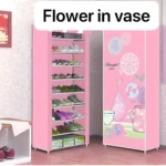 Zapatero de 9 niveles rosa con diseño floral, ideal para organizar calzado en tu hogar.