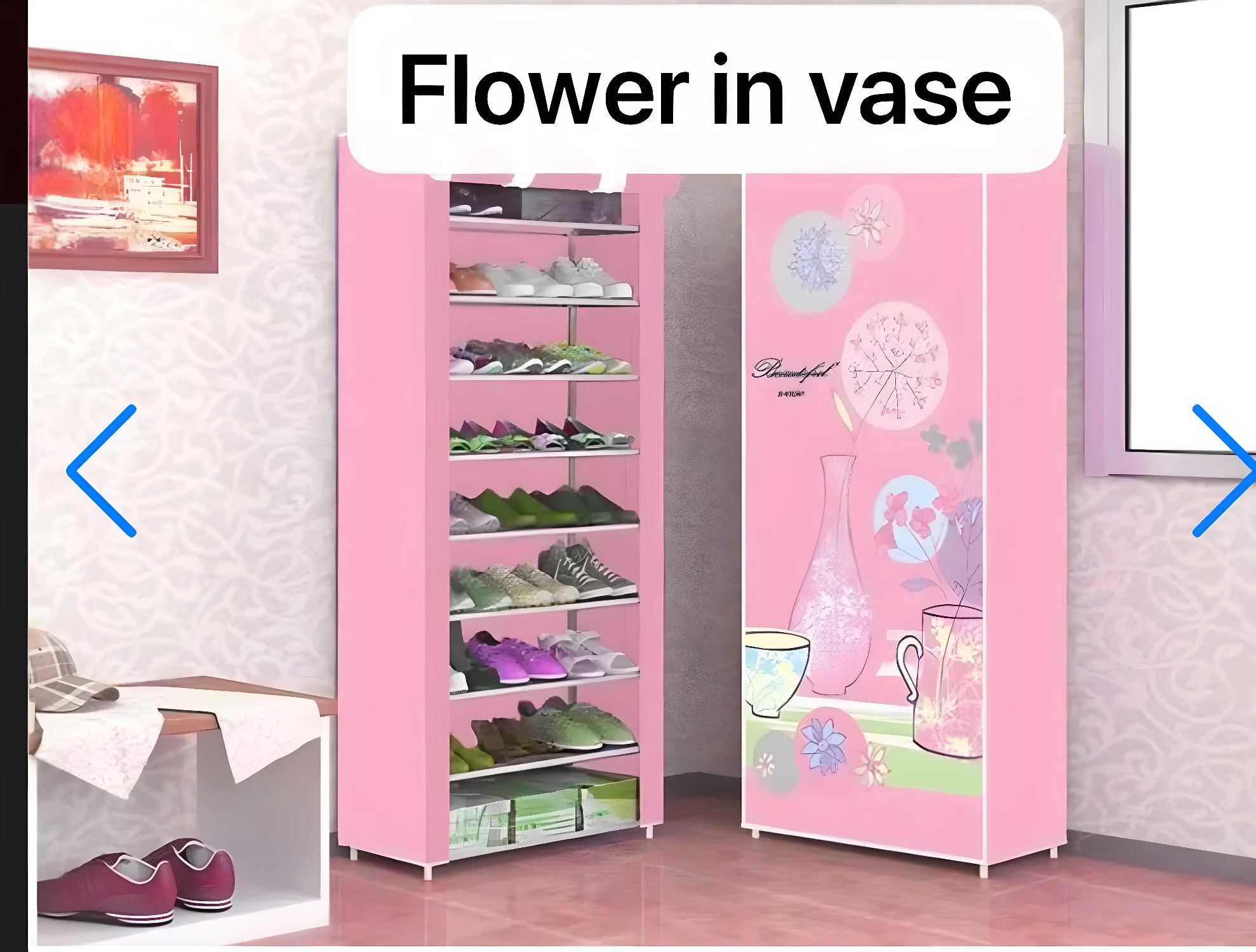 Zapatero de 9 niveles rosa con diseño floral, ideal para organizar calzado en tu hogar.
