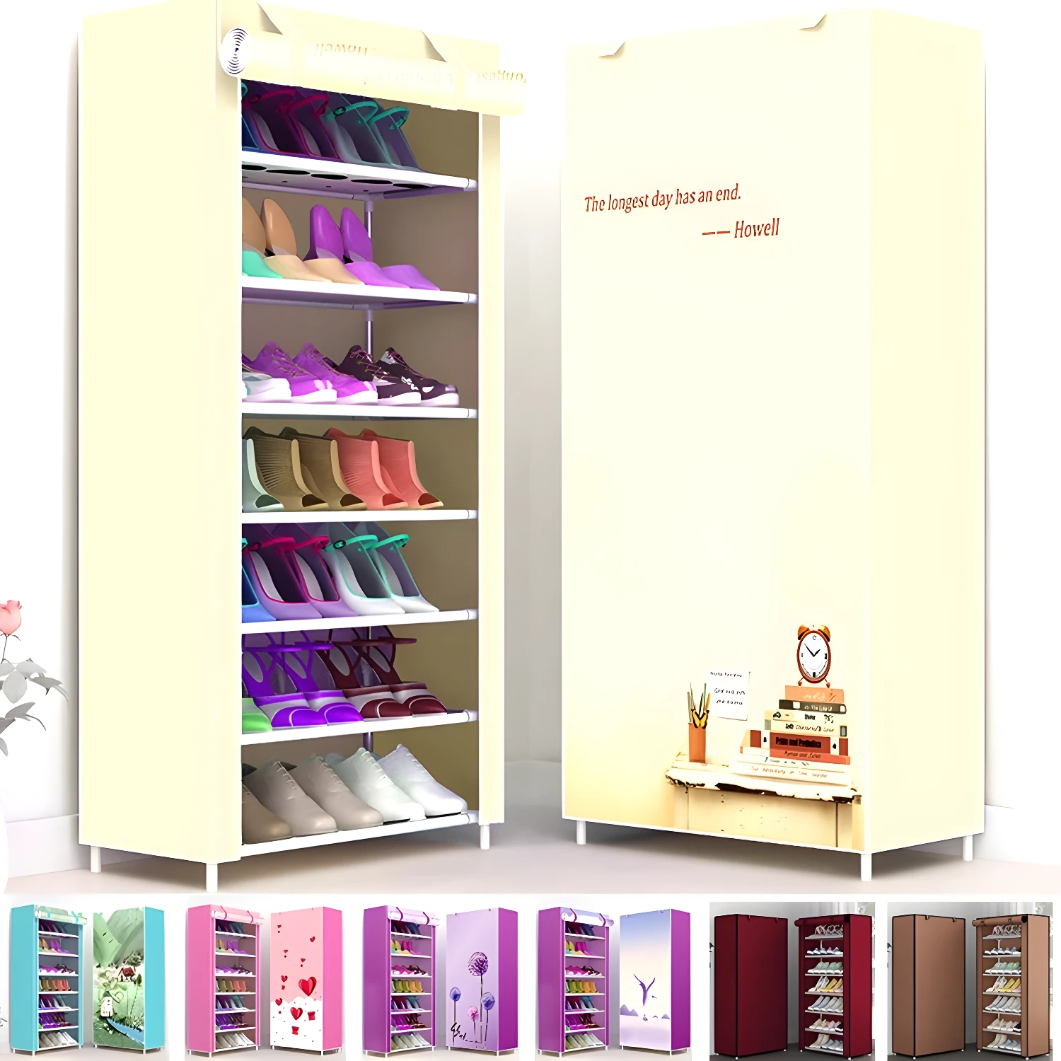 Zapatero de 9 niveles en color beige con diseño de cita literaria y reloj despertador.