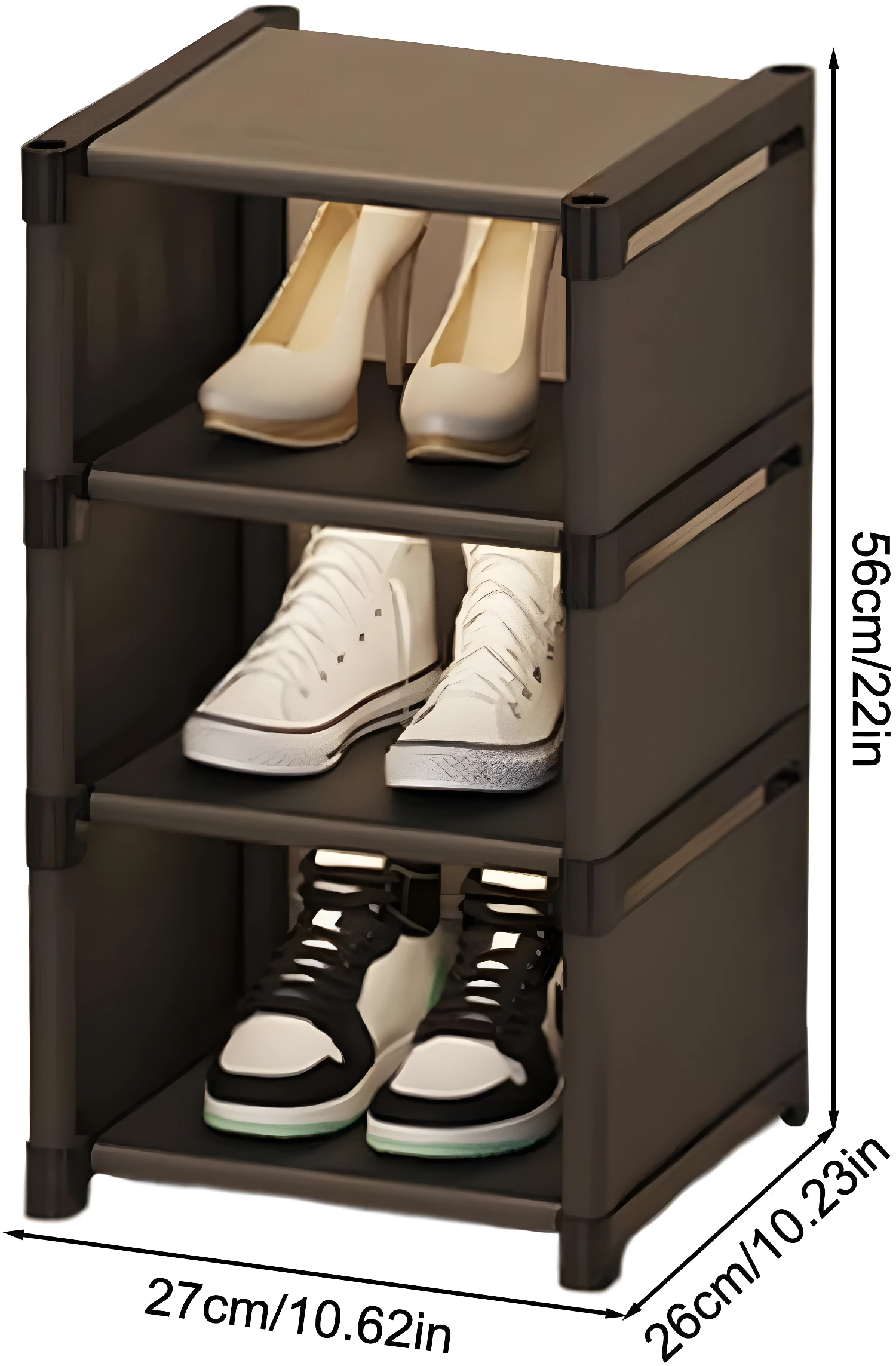 Organizador de zapatos de tela de 3 niveles con tacones y zapatillas deportivas.