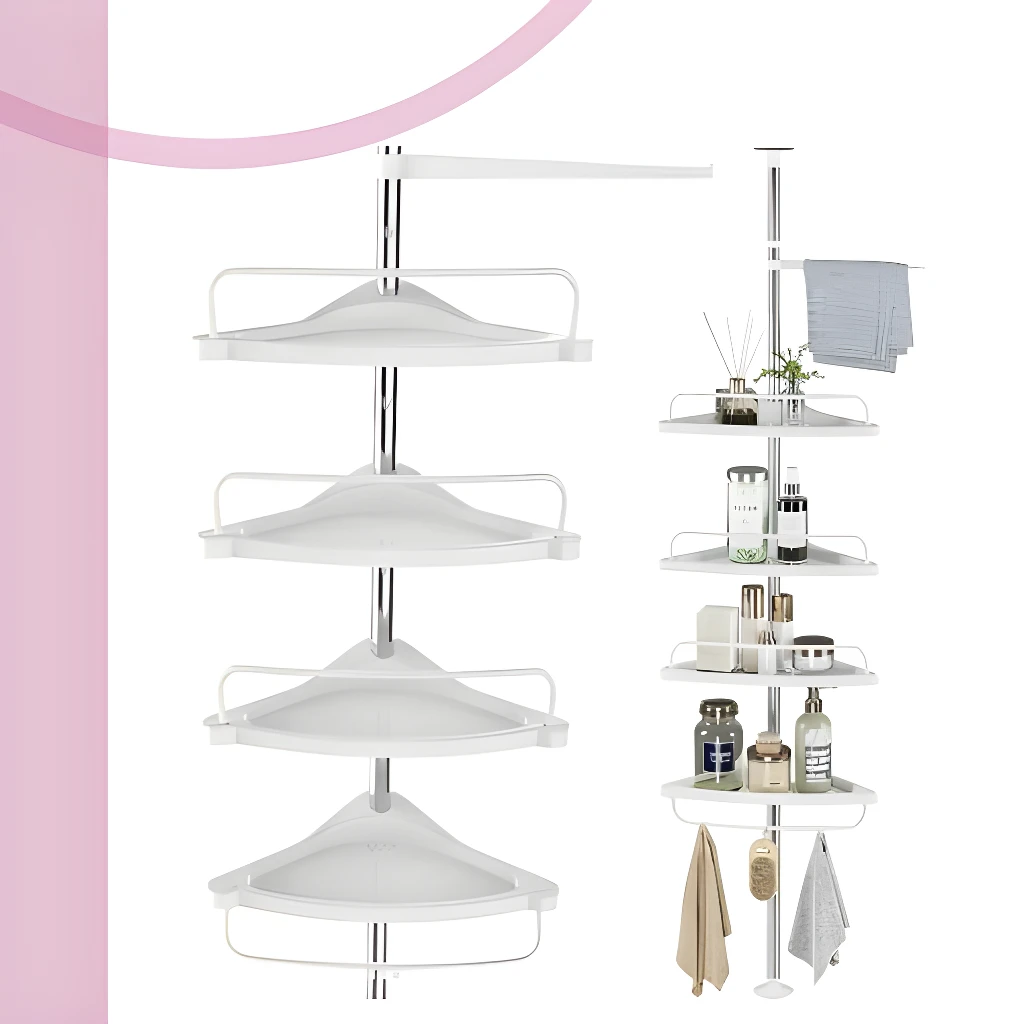 Estantería esquinera de baño ajustable con múltiples repisas, ideal para organizar artículos de tocador.