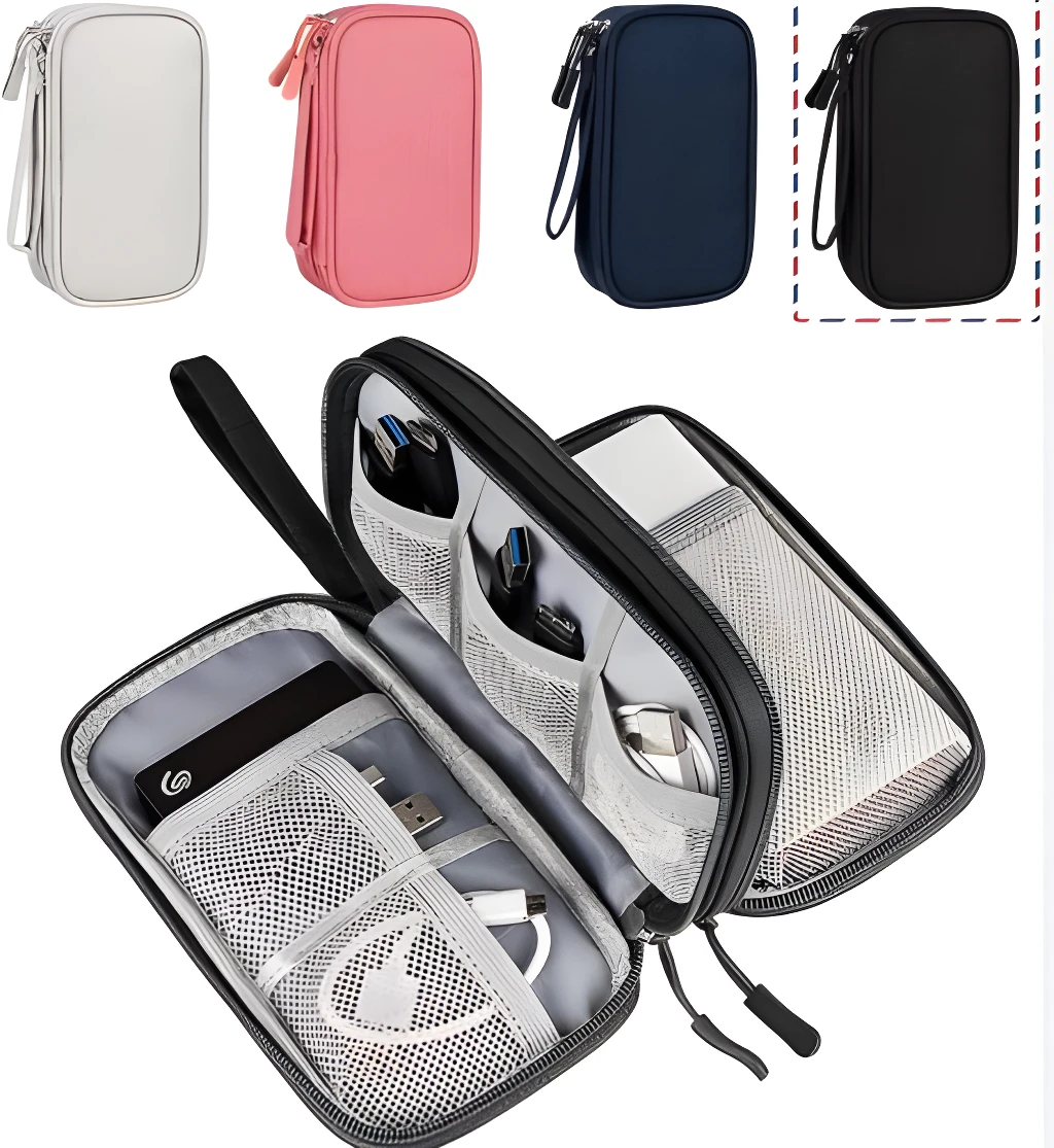 Organizador multiusos negro para baterías y cables, con compartimentos interiores y cremalleras.