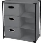 Cajonera organizador de zapatos y ropa gris de tela con estantes.