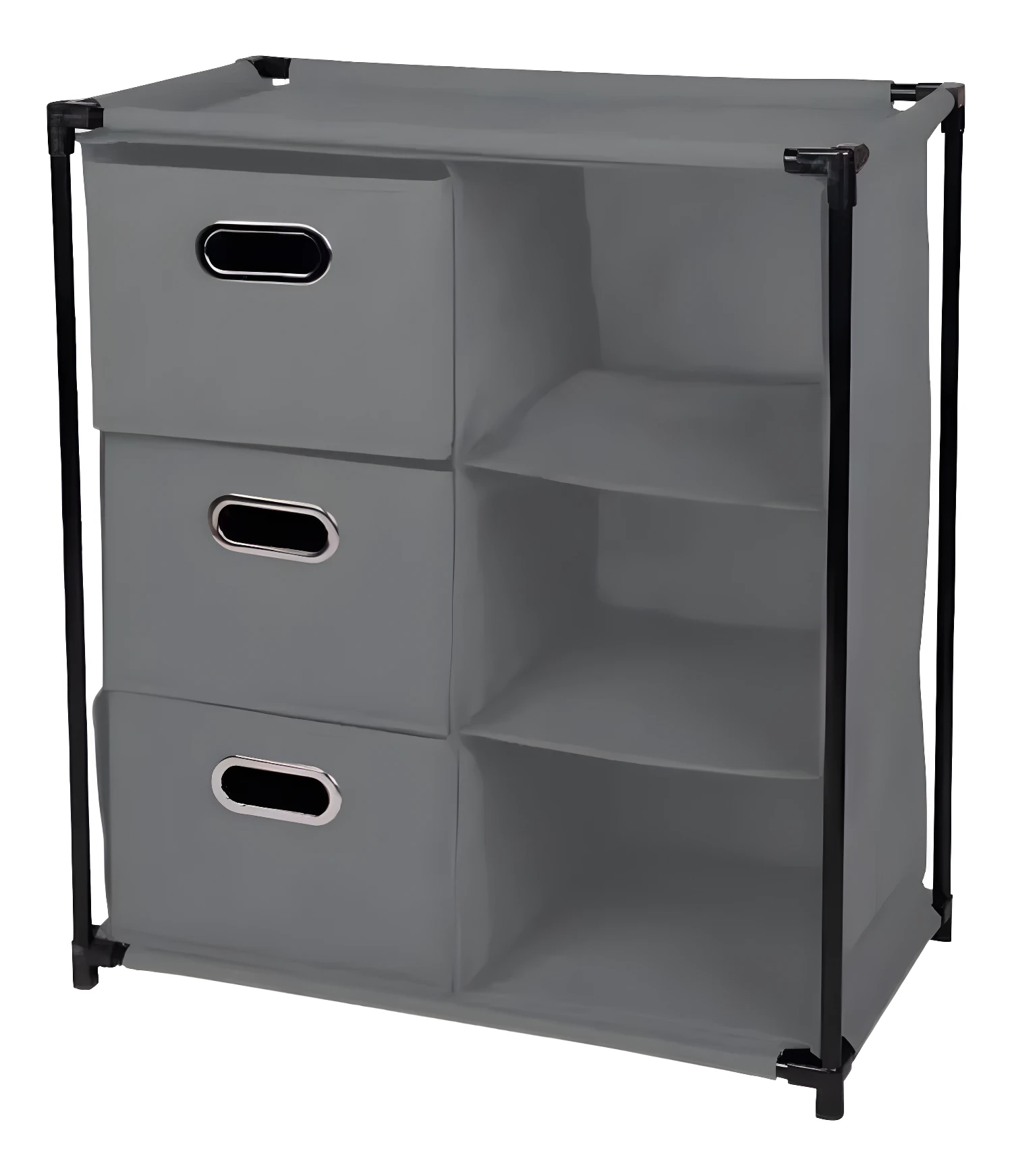 Cajonera organizador de zapatos y ropa gris de tela con estantes.