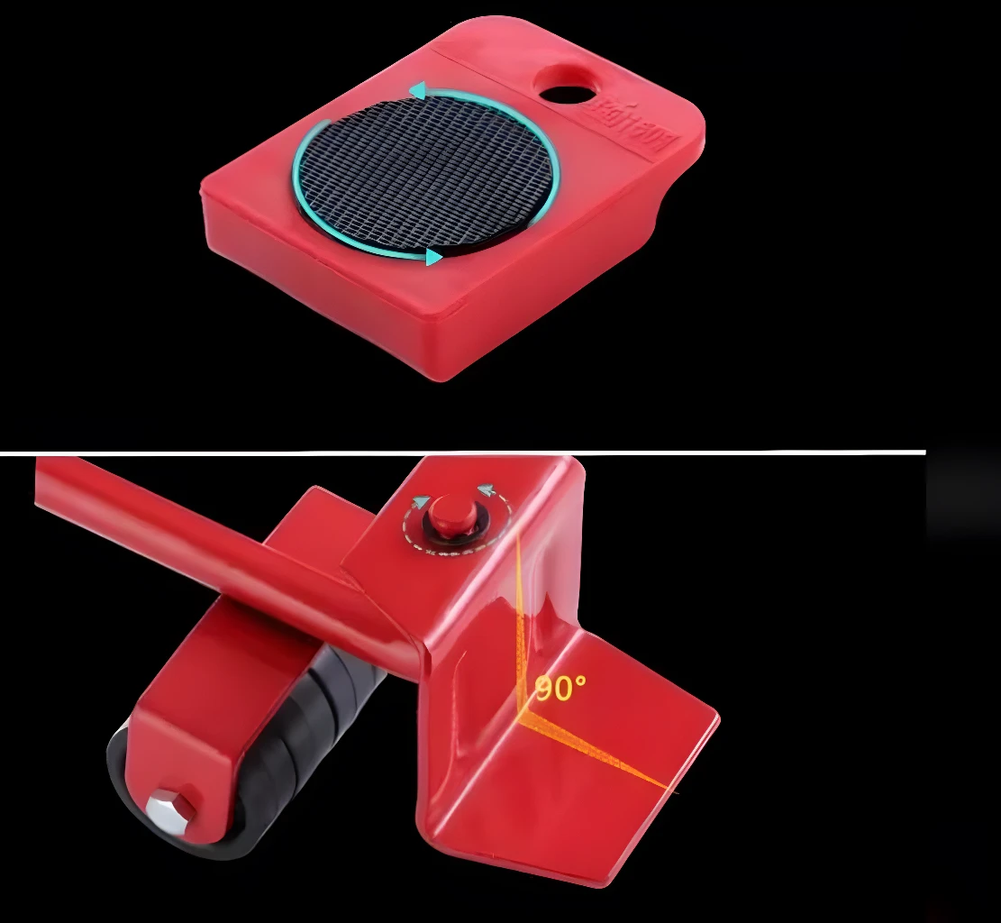 Palanca levanta muebles roja con 4 bases deslizantes y giro 90°, ideal para mover objetos pesados.