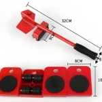 Palanca levanta muebles roja con 4 bases deslizantes y medidores de dimensiones.