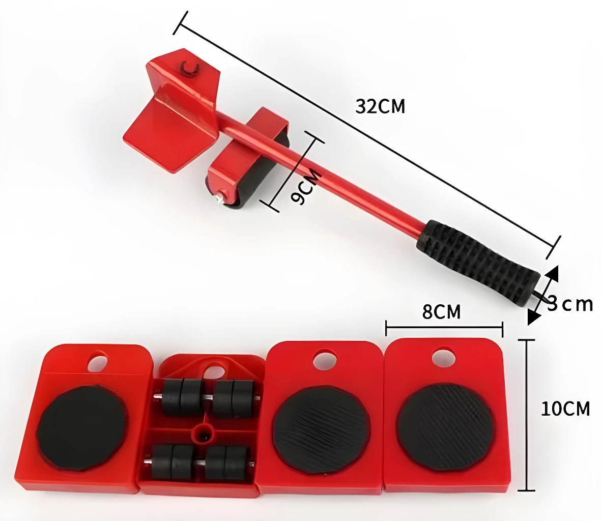 Palanca levanta muebles roja con 4 bases deslizantes y medidores de dimensiones.