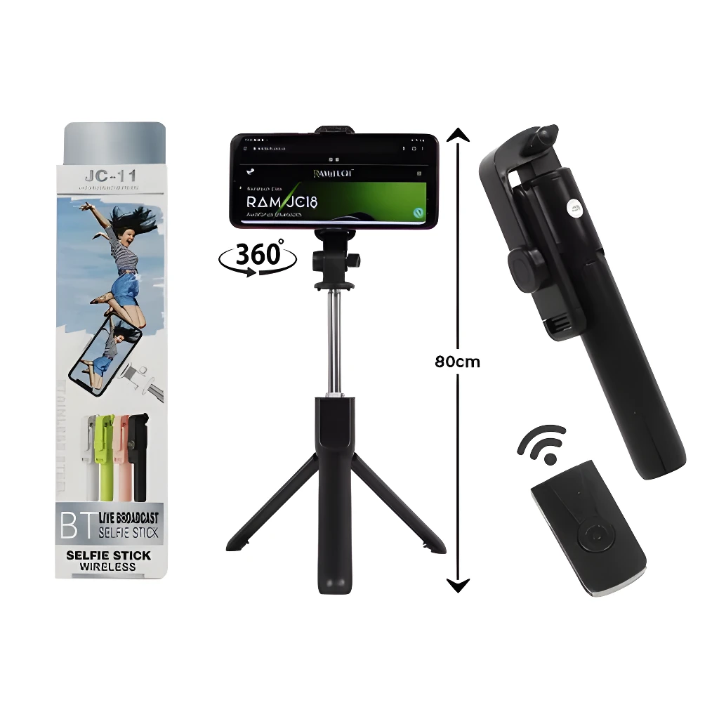 Palo de selfie con trípode JC-11, extensible 80cm, color negro, con control remoto inalámbrico.