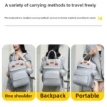 Pañalera gris, tipo morral, con monedero, para llevar en un hombro o de mano.