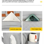 Pañalera gris multifuncional con compartimentos para iPad, teléfono y termo.