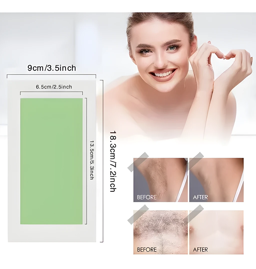 Parches depiladores Hanei x 10, eliminan vello corporal para piel suave antes y después.