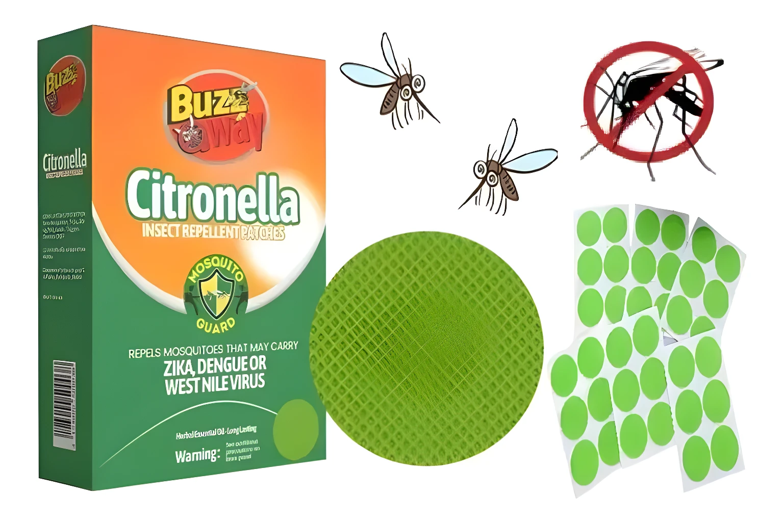 Parches antimosquitos Citronella Buzz Way: repelente natural contra Zika, Dengue y virus del Nilo Occidental.