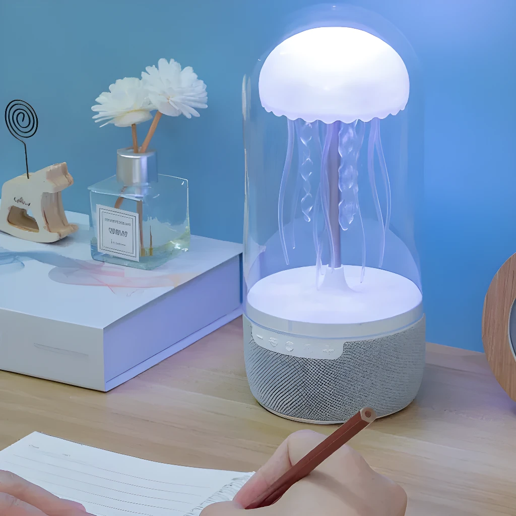 Parlante lámpara medusa Zo, luz LED y altavoz Bluetooth para escritorio, diseño moderno.