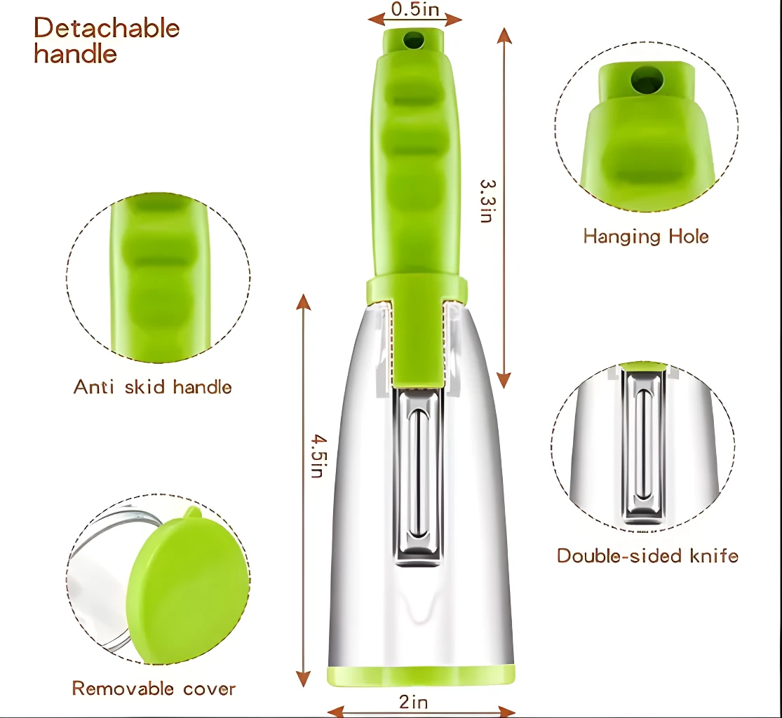 Pelador y rallador de papas y verduras con mango antideslizante y doble cuchilla.