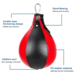Pera de boxeo roja y negra de cuero PU, costura doble y puerto de inflado.