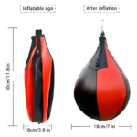 Pera de boxeo inflable, antes y después de inflar, con medidas.