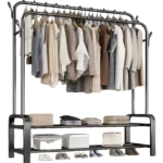 Perchero zapatero doble alta resistencia con ropa y zapatos organizados