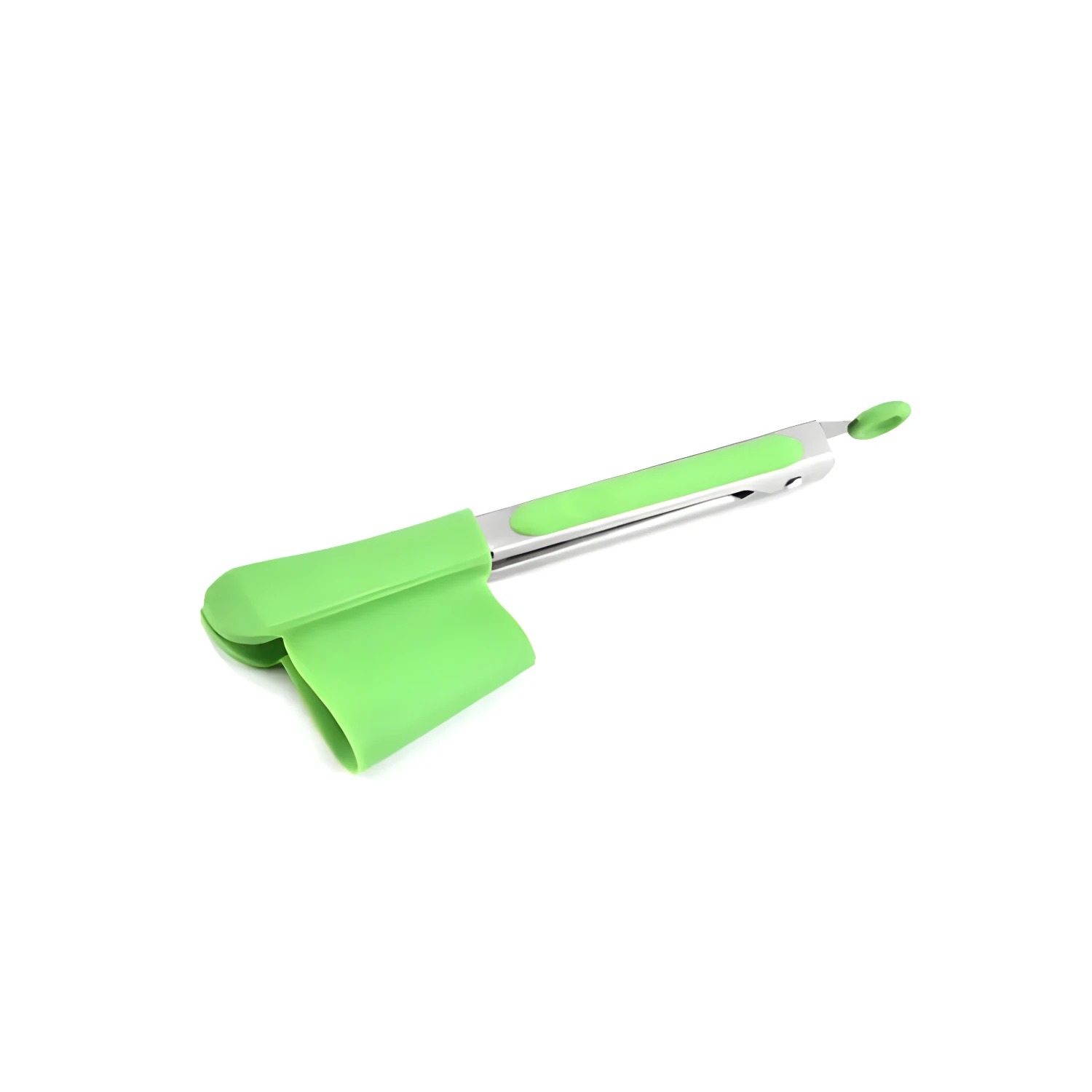 Pinza espátula de silicona verde para cocina, con mango metálico y punta flexible.