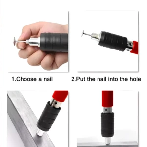 Pistola neumática para clavar acero, mostrando el uso correcto del accesorio.