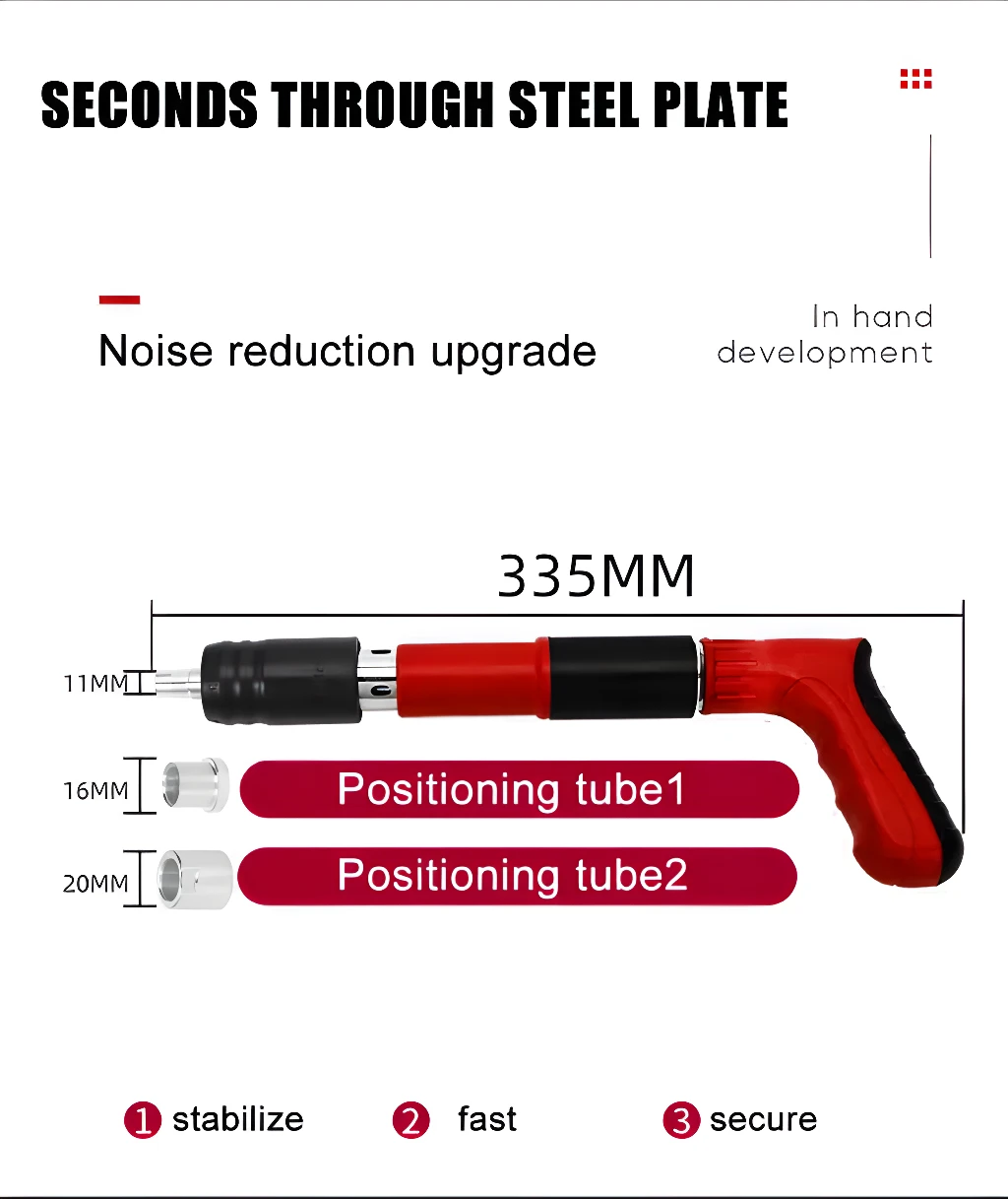 Pistola clavadora neumática para acero, 335 mm de largo, con 2 tubos de posicionamiento.