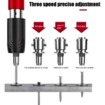 Pistola clavadora neumática de acero con ajuste preciso de tres velocidades para clavar y remover tornillos.