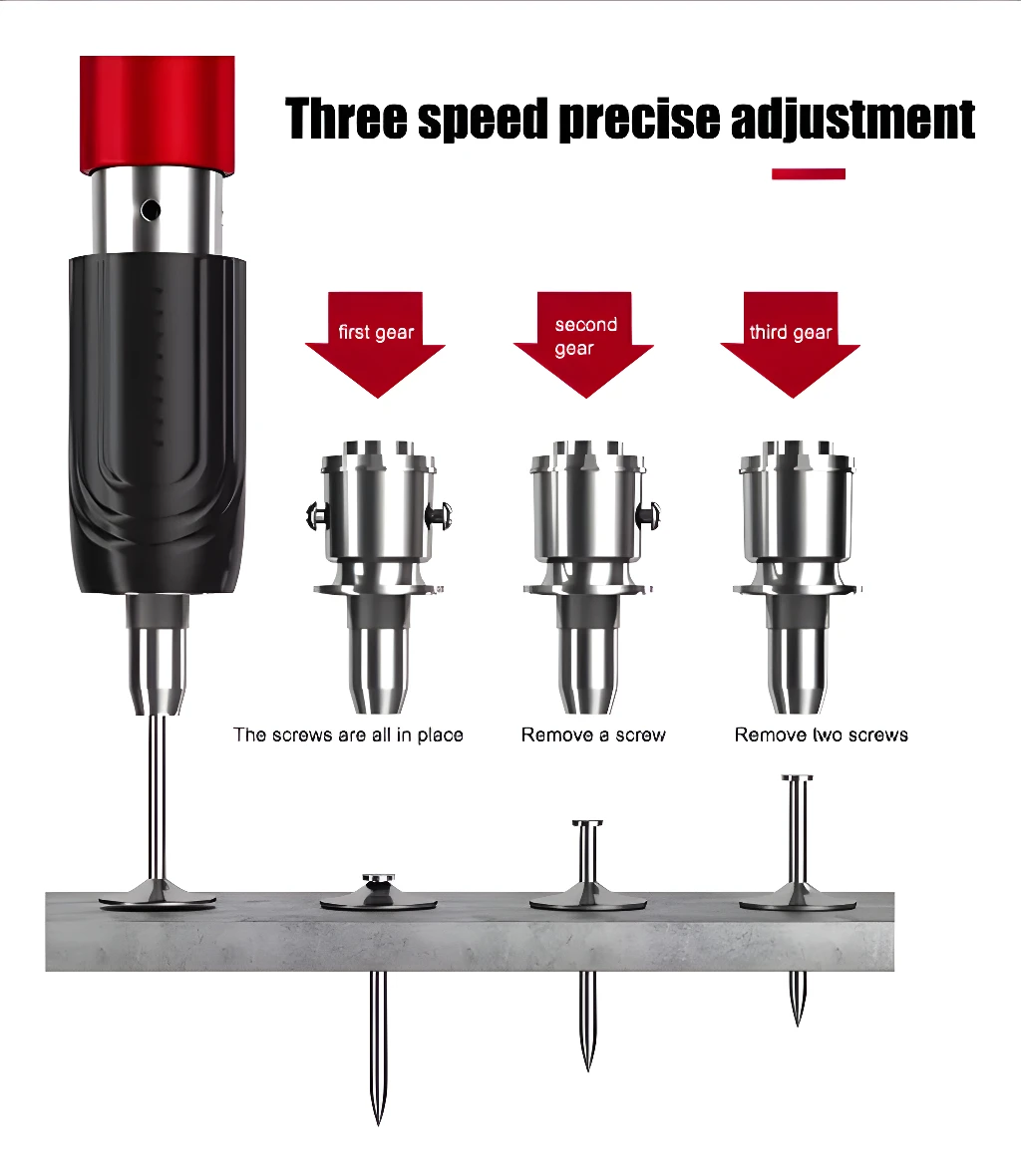 Pistola clavadora neumática de acero con ajuste preciso de tres velocidades para clavar y remover tornillos.